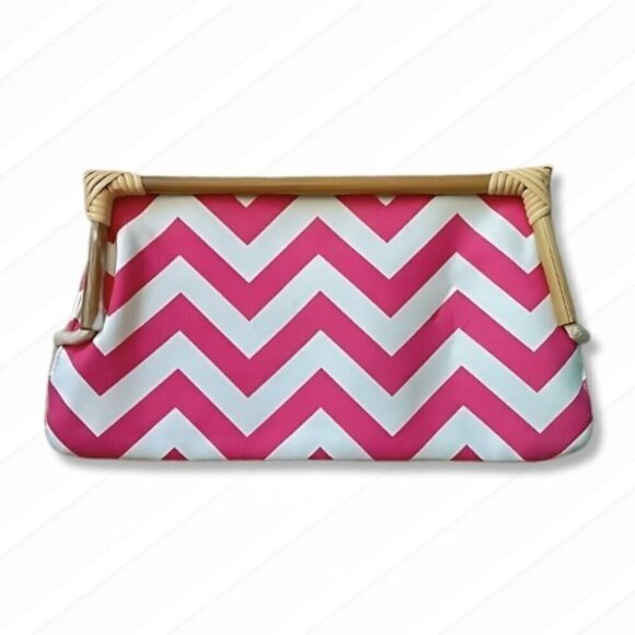 NEW DONNA DIXON Chevron Clutch Bamboo Handle Magnetic Closure Pink White NWOT - Picture 1 of 11